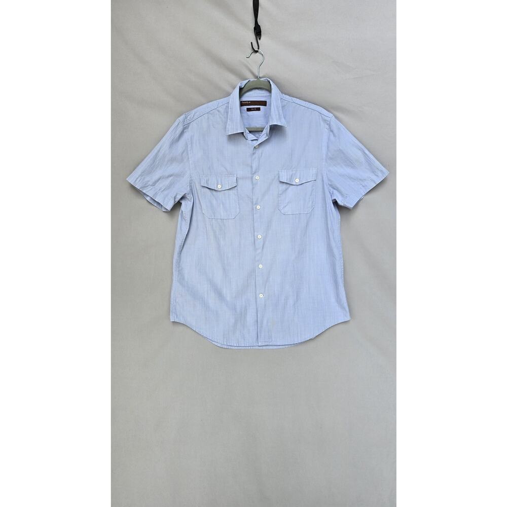 Perry Ellis Shirt Mens Large Blue Slim Fit Short Sleeve Button Pockets Casual